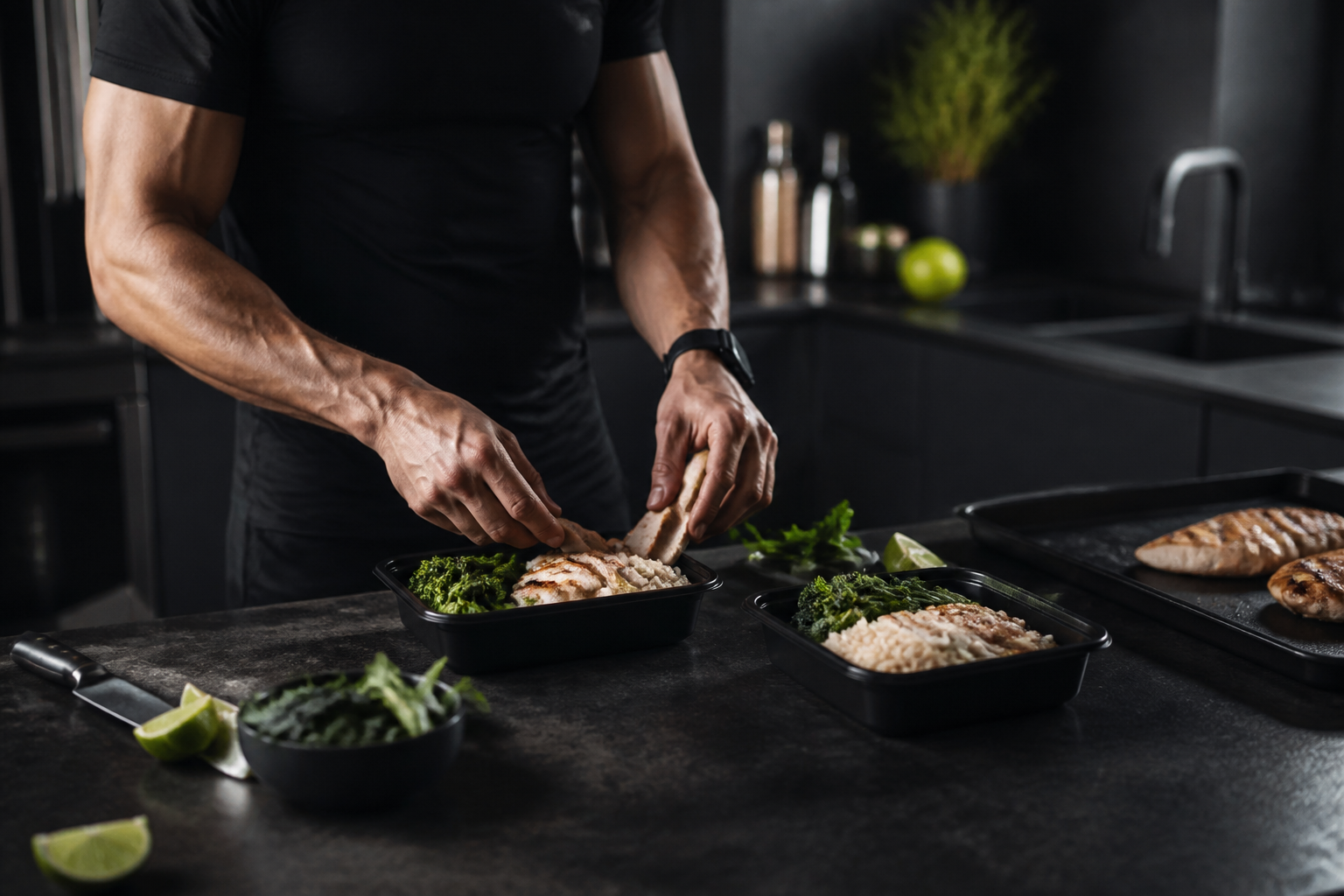 A structured high-protein meal being prepared